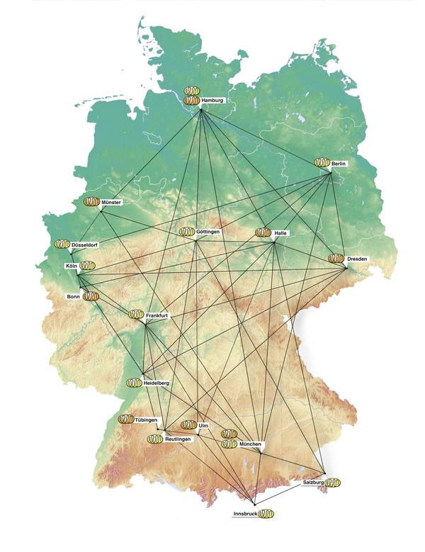 Karte mit den beteiligten Zentren des Mitonet

